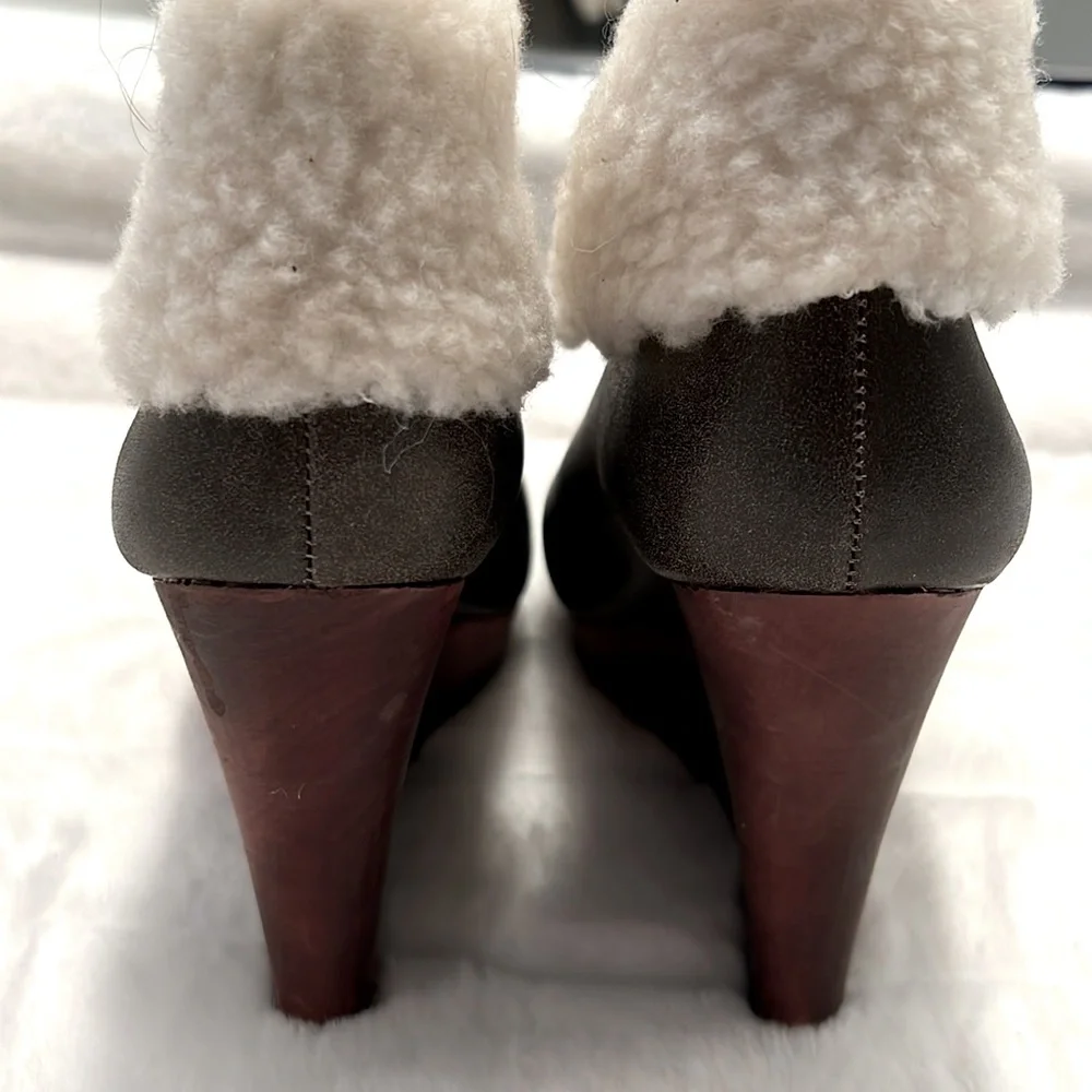NEW Matt Bernson Brown Leather Zip Wedge Heel Bootie w/ Faux Sherpa Trim